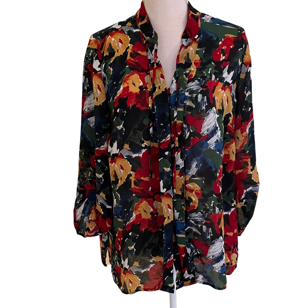 Tribal Fall Colors Convertible Sleeve V-Neck Blouse 12